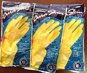 1 set of 3 Pair of Household Kitchen XL Gloves Yellow Latex 18 mil, DuraSkin™ - Picture 1 of 4