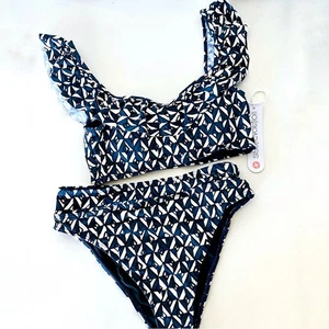 NEU SISSTREVOLUTION ANTHROPOLOGIE schwarz weiß marine Rüschen Oberteil hoher Bund Bikini S - Bild 1 von 9