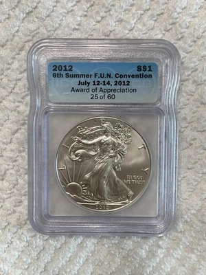 ICG 2012 6º Verano Divertido Premio Convención Apreciación $1 US Silver Eagle Muestra Foto 1 de 2