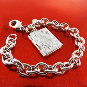 Locket Bracelet Real 925 Real Sterling Silver Filled Solid Link Antique Bangle - Picture 1 of 3
