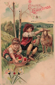 VINTAGE EASTER POSTCARD CHILDREN AND LAMB WITH EASTER BASKET c1906 UDB 041025 U - Picture 1 of 2