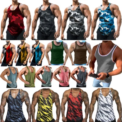 Men Gym Vest Racerback Bodybuilding Muscle Stringer Plain Tank Slim Top Fitness - Image 1 of 4