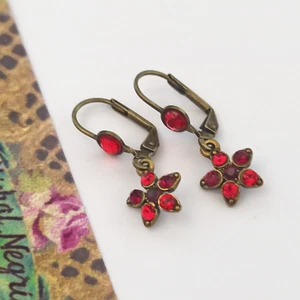 Michal Negrin Earrings Blood Red Small Star Flower Crystals Tiny Dainty Gift Box - Picture 1 of 13