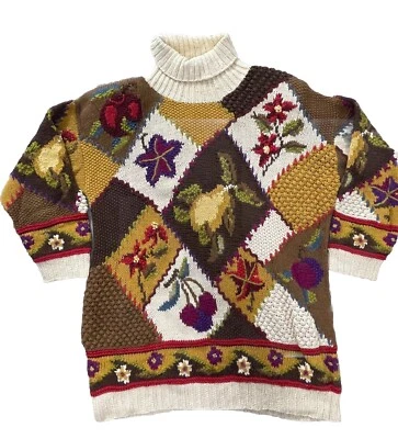 Vintage Lauren Hansen Sweater Women Medium Brown Chunky Knit Floral Patchwork - Изображение 1 из 4