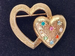 Vintage EMMONS 2 Hearts Brooch -Gold Tone Multi Color Rhinestone - Picture 1 of 6
