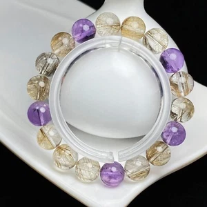 10.5mm Natural Silver Rutilated Amethyst Quartz Stretch Crystal Beads Bracelet - Picture 1 of 6