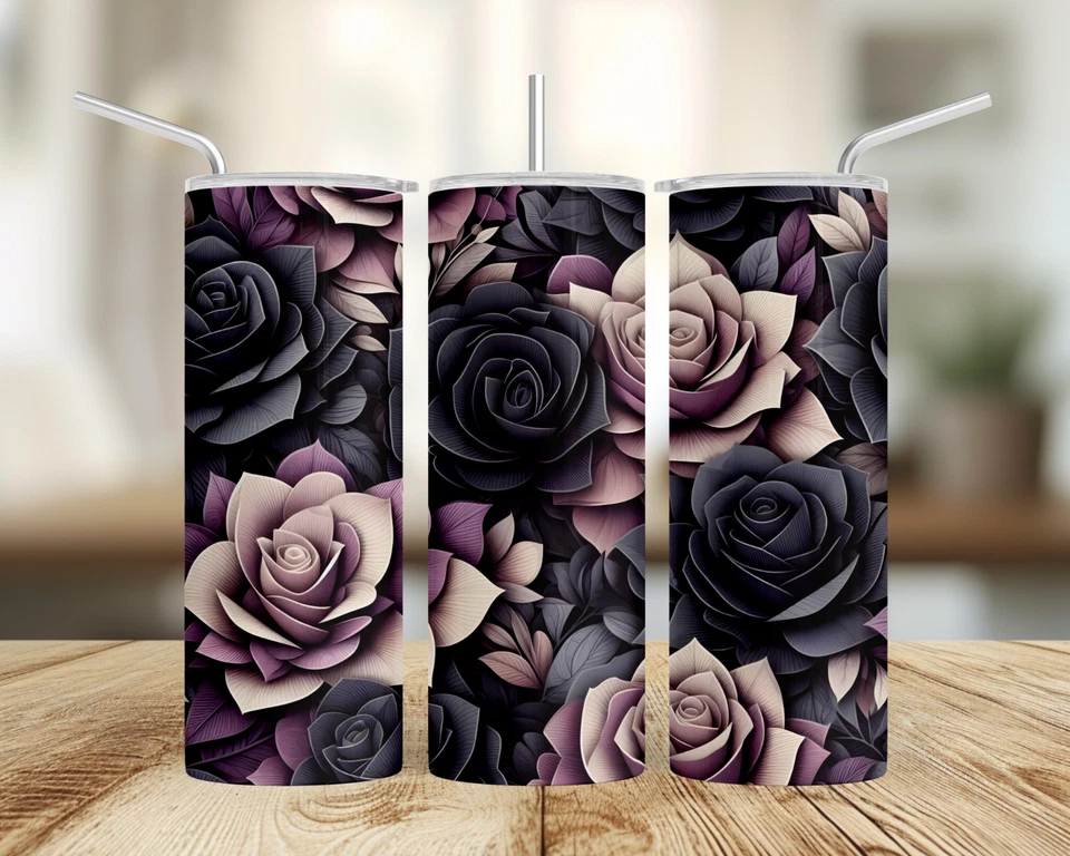 Botella de agua vaso al vacío delgado negro blanco púrpura rosas 20 oz con tapa transparente Foto 1 de 1