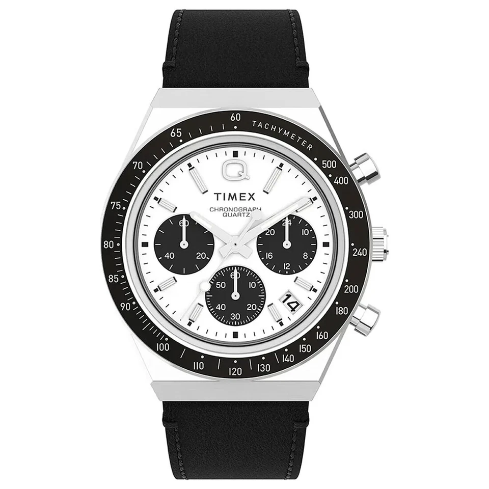Timex Q Chronograph Motorsport Stainless Steel Leather Panda Watch TW2W53400