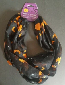 Halloween Infinity Scarf Black/Orange Pumpkin/Jack-o-Lantern 11" x 60" Fall - Picture 1 of 3