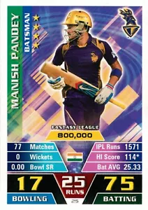 Tarjeta de cricket 2016 2017 Kolkata Knight Riders IPL MANISH PANDEY Topps Attax - Imagen 1 de 2