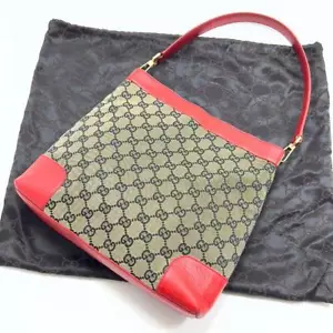 GUCCI GG Shoulder Bag Leather Canvas Red x Gold Women Italy Used Authentic - Picture 1 of 17