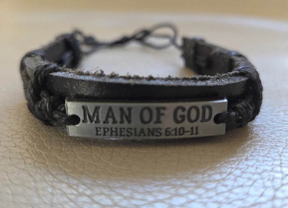 Christian Leather Bracelet for Men Wristband Jewelry Gifts Ephesians Verse Black - Image 1 of 4