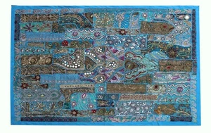 60" STUNNING INDIA ART ETHNIC DÉCOR SARI BEADS SEQUIN LACE WALL HANGING TAPESTRY - Picture 1 of 3