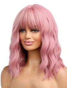NEW ROSE PINK 14 INCH PARTY WIG ANIME RAVE CLUB COSPLAY SUMMER BANGS WIG CAP NIB - Picture 1 of 2