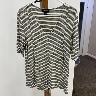 AB Studio Size Large V Neck Olive Green Striped Blouse  - Image 1 of 4