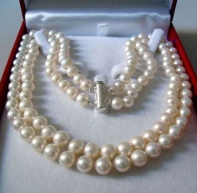 2Rows 8-9mm Natural White Akoya Cultured Pearl Hand Knotted Jewelry Necklace - Image 1 of 3