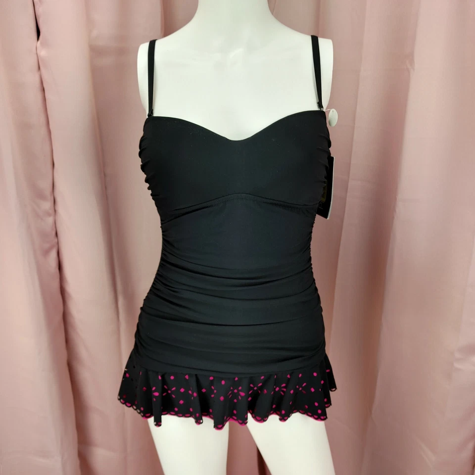 Vestido de baño Profile by Gottex para mujer negro y rosa acanalado de una pieza 8 nuevo con etiquetas Foto 1 de 4