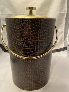 Ice Bucket Mid Century Modern Brown Faux Snakeskin Look Lid Handle 11 Inch Tall - Picture 1 of 10