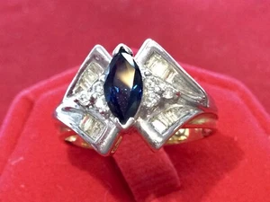 14k Gold Diamonds Ring Blue Sapphire Handmade Vintage Gems Gold Ring for Women - Picture 1 of 16