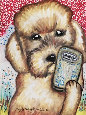 Impresión artística de perro LABRADOODLE tomando una selfie 8 x 10 firmada por el artista KEKTS Foto 1 de 2