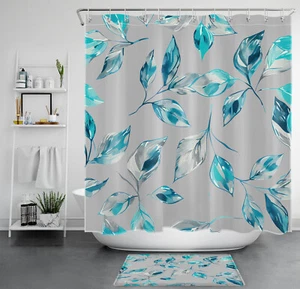 Botanical Watercolor Teal Leaf on Grey Shower Curtain Bathroom Accessories Set - Picture 1 of 23