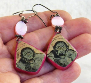 Upcycled OOAK Comic Book Drop Earrings Jewelry Cyclops Monster Image Clippings - Picture 1 of 4
