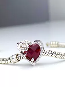 π January Charm Red Birth Stone Love Heart Rose Genuine 925 Sterling Silver π - Picture 1 of 8