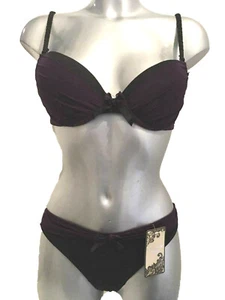 Purple & Black Bra & Thong Set Underwired Padded Moulded Plunge Push Up Lingerie - Picture 1 of 4