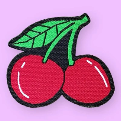 RED CHERRIES SUMMER FRUIT FOOD WOVEN IRON ON PATCH 2.9" X 2.9" - Image 1 of 3