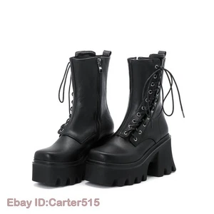 Zapatos góticos informales de punta cuadrada para mujer gruesos de tacón alto con plataforma botas al tobillo - Imagen 1 de 14