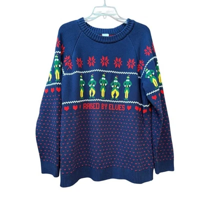 Hanna Andersson Elf Raised By Elves Ugly Christmas Sweater ADULT L Navy - Image 1 of 4