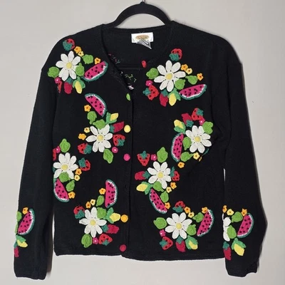 Talbots Petites Black Floral Fruit Embroidered Sweater Cardigan Sz PS Cottage - Image 1 of 4
