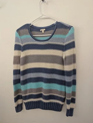 Sonoma Women Long Sleeve Crew Pullover Sweater Cotton Knit Blue Stripe Medium Foto 1 de 4