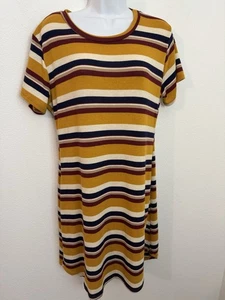 T-Shirt Dress Knit Gold Navy Blue Maroon Stripe Short Sleeve Size M/L Academia - Picture 1 of 6