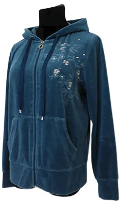 ¡¡FLORES DE CEREZO!! Chaqueta con Capucha Vintage Algodón Azul Terciopelo Cremallera Completa Talla Pequeña Foto 1 de 4