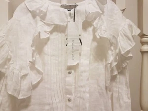 Zara White Linen Blouse Shirt Ruffle Peter Pan Collar XS 6 8 10 Oversized BNWT - Picture 1 of 15