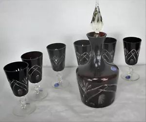 Kristall Dekanter Set mit 6 Schnapsgläsern Amethyst klar geschnitten Buzau Perla Lux - Bild 1 von 10
