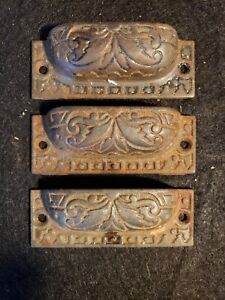 3 Antique Eastlake Victorian Salvaged Cast Iron Apothecary Bin Pulls 3 In Center