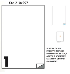 100 FOGLI A4 CARTA ADESIVA 100 ETICHETTE 210x297 mm INKJET LASER - Foto 1 di 1