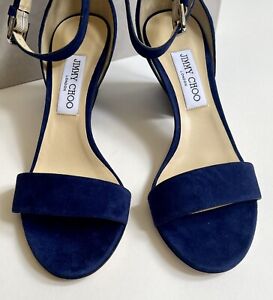 Jimmy Choo Edina Sandals Heels Shoes Blue Suede Ankle Strap 9.5 39.5