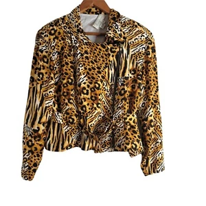 SPENSER JEREMY size M 100% SILK Moto  JACKET ANIMAL PRINT Padded shoulder zip up - Picture 1 of 9