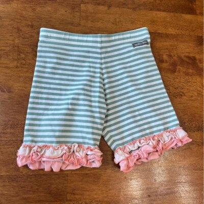 Matilda Jane green stripe ruffle pink trim shorties size 12 - Image 1 of 3