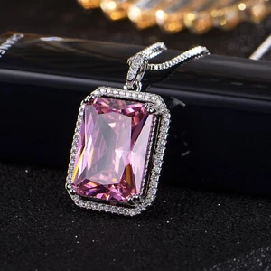 New Big Gemstone Rectangle Pink Kunzite Gemstone Silver Women Necklace Pendants - Picture 1 of 6