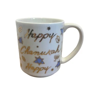 Happy Chanukka Kaffeetasse Tasse Metallic Gold Blues Dreidel Menora EUC - Bild 1 von 7