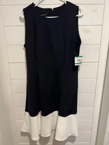NEW WOMENS ANNE KLEIN NAVY SLEEVELESS MIDI SHIFT DRESS SIZE LARGE IVORY RUFFLE - Picture 1 of 10