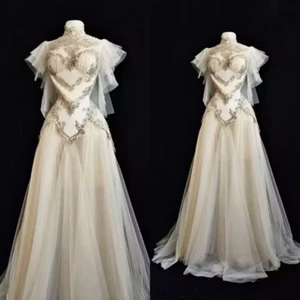 Vintage Medieval Wedding Dresses Golden Lace Appliques A Line Bridal Gowns - Picture 1 of 9