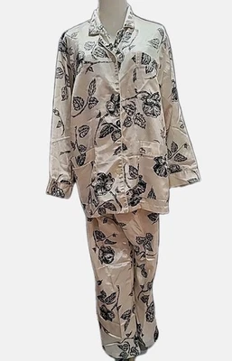 Vintage Satin Pants Pajamas Set Black /Ivory Flowers Elastic Waist Button Top L - Image 1 of 4