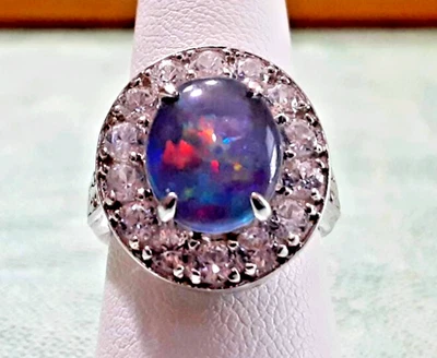 JTV Australian Opal Triplet White Topaz Ring S. Silver w/Rhodium Overlay Size 7 - Image 1 of 4