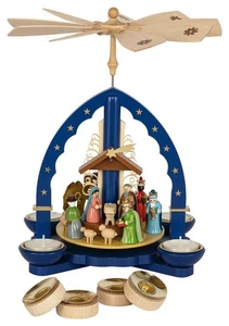 Weihnachtspyramide Geburt Christi blau Teelicht & Kerzen 27cm Heilige Familie  - Picture 1 of 3