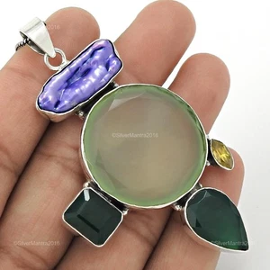 Pendente Fatti A Mano Con Bezel In Argento Sterling 925 In Calcedonio Rotondo - Foto 1 di 8